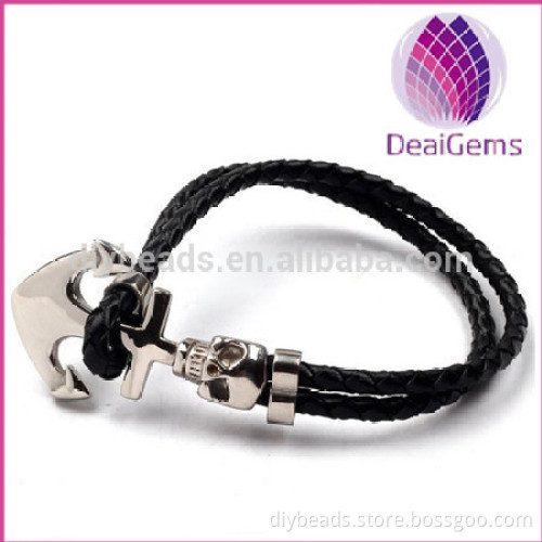 Navy style stainless steel anchor real leather bracelet for men